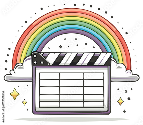 Clapperboard in the Clouds Beneath a Bright Rainbow with Sparkling Stars Movie Concept
