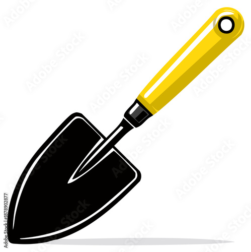 Gardening spade with yellow handle, hand trowel, planting tool icon isolated