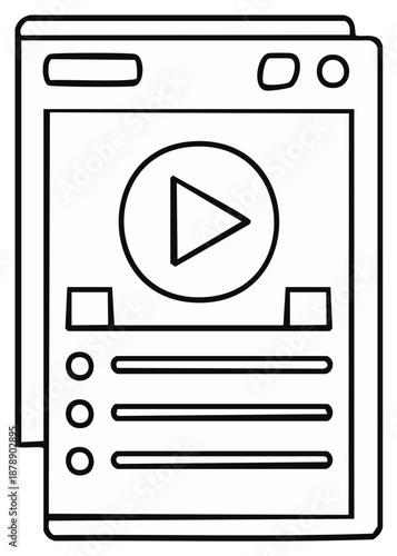 Outline of a video screen interface on a digital device showing a play button and a list.