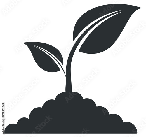 New green plant sprout emerging from rich dark soil in a simplified graphic style