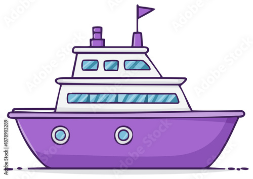 Illustration of a cartoon purple ferry boat with white upper decks and a purple flag