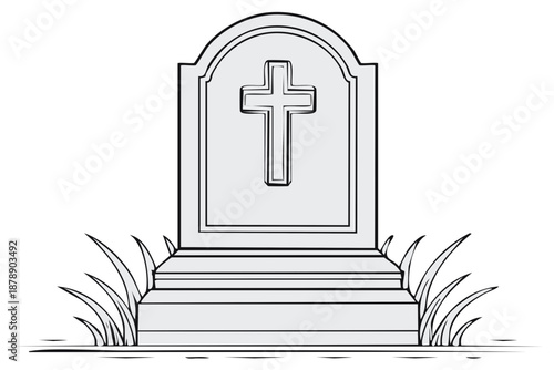 Detailed illustration of a tombstone with a cross surrounded by grass conveying themes of death and remembrance