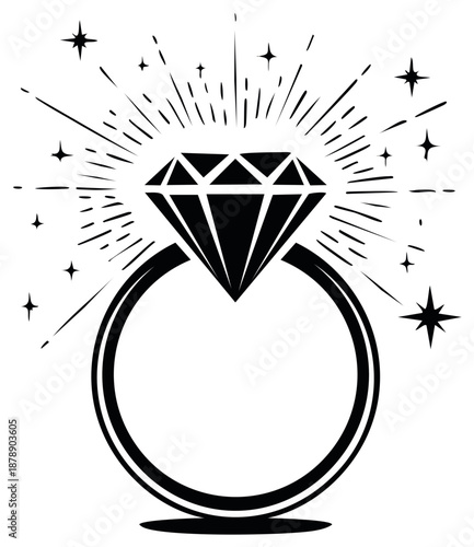 Elegant engagement ring with sparkling diamond and radiating lightburst, vector illustration.