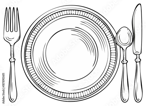 Elegant dining setting illustration with plate, fork, spoon, and knife outlined in classic monochrome.