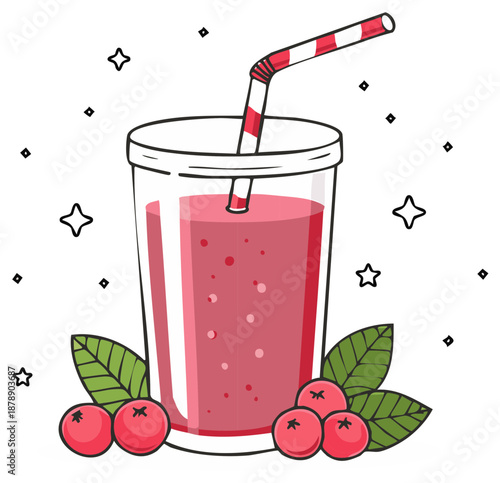 Refreshing berry smoothie drink in glass with straw and fruit illustration. Fresh healthy summer beverage concept.