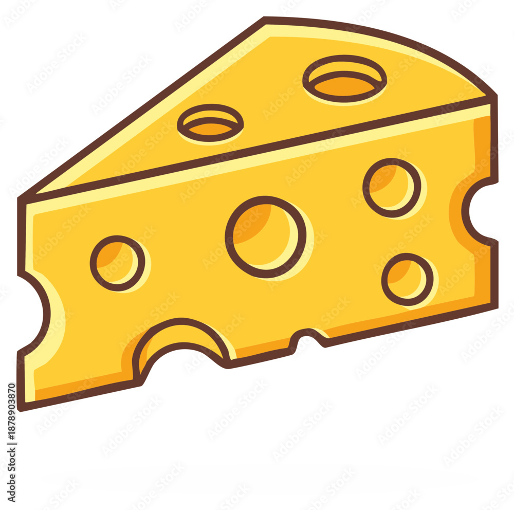 Fototapeta premium Cartoon Slice of Cheese with Holes and Brown Outline for Cooking Illustrations