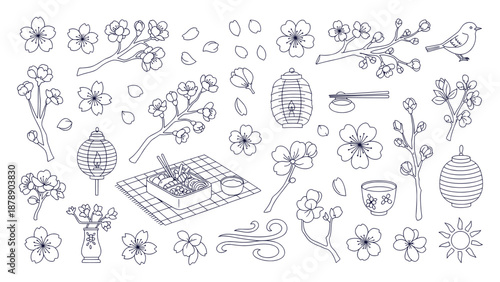 Japanese Spring Sakura Elements Vector Set Outline Style Cherry Blossom Festival Icons