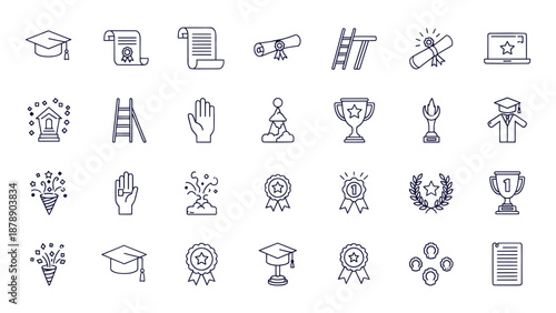 Education Graduation Achievement Success Awards Line Icons Collection Vector Illustration