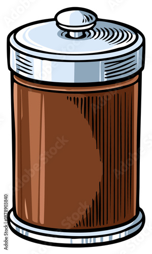 Cylindrical Jar with Silver Lid Containing Dark Brown Contents Isolated Illustration