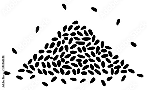 Pile of black oval seeds scattering outwards against a white background
