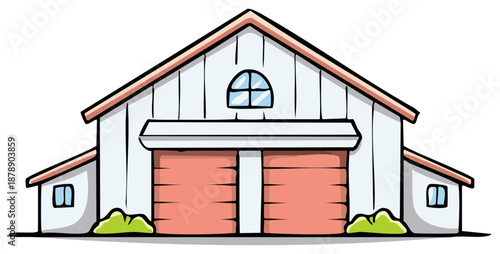 Cartoon barn illustration with red doors and white walls rural farm building