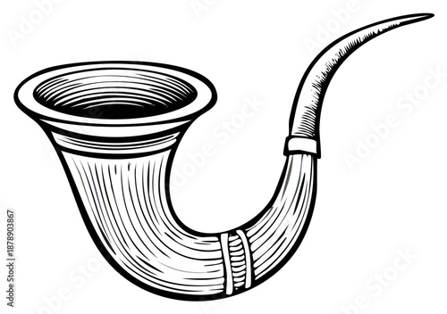 Illustrated tobacco pipe in monochrome drawing style, black and white.