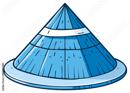 Cartoon illustration of traditional Asian conical hat in blue, with outlines.