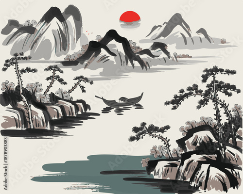 Traditional oriental landscape painting with ink brush style mountains red sun and pine trees over river with wooden fishing boat