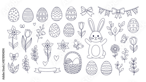 Cute Easter Doodle Outline Set Bunny Eggs Spring Flowers Decorations Vector Collection