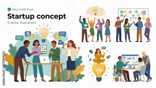 Startup Concept Vector Illustration Set with Diverse Business People
