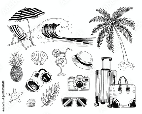 Set of summer travel elements including palm tree, luggage, camera, sunglasses, pineapple, and beach accessories