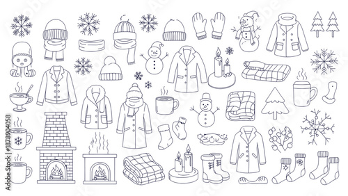 Cozy Winter Doodle Vector Collection Hand Drawn Line Art Icons Set