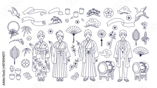 Japanese Traditional Culture Outline Doodle Set Kimono People Crane Fan Vector Icons