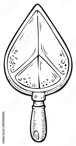 Symbolic garden trowel with peace sign illustration, monochrome vector art for harmonious growth
