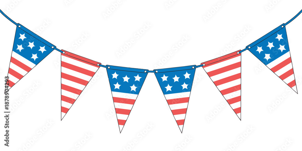Fototapeta premium Festive bunting flags in American flag colors and patterns, hanging on string, celebrating independence day and holidays