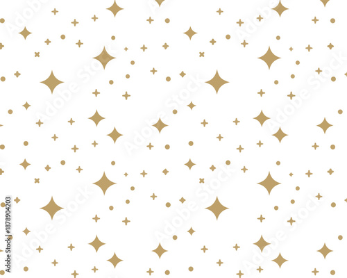Seamless pattern of golden stars and dots on white background, elegant festive texture for celebrations, abstract sparkling background