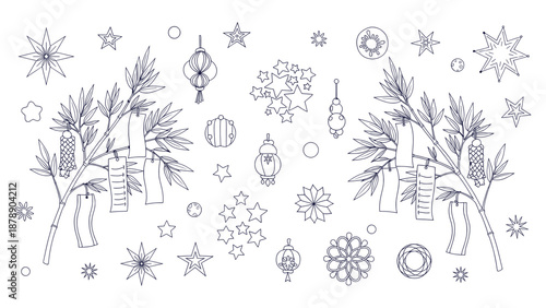 Japanese Tanabata Star Festival Decorations Sketch Outline Background Vector Illustration