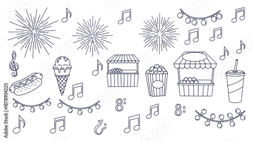 Carnival Fairground Festival Elements Line Art Vector Set Popcorn Music Fireworks