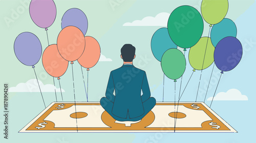 Businessman meditating on dollar bill, surrounded by colorful balloons in sky