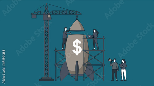Startup business team constructing a financial rocket for growth and investment