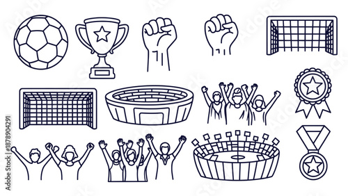 Outline Football Icons Collection Stadium Trophy Medal Ball Goal Fan Celebration Vector