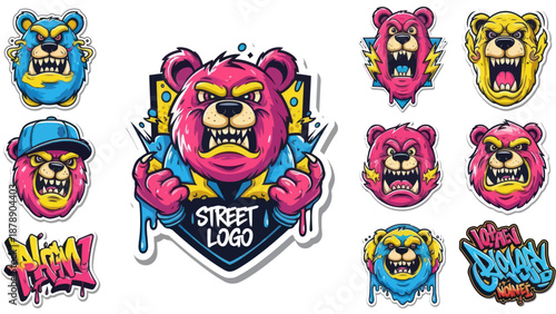 Street Art Style Angry Bear Character Collection.