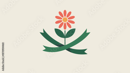 Single pink flower with green leaves Vector