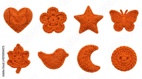 Wallpaper Mural Knitted orange shape set including heart, flower, star, butterfly, leaf, bird, moon, and button isolated. Handmade wool applique and craft decoration. Torontodigital.ca