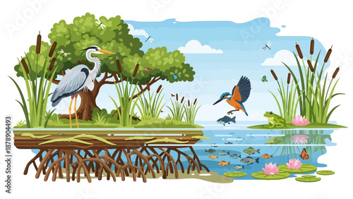 Vector illustration of a heron and birds in a wetland ecosystem with tree, river, and people in the background, celebrating World Wetlands Day and World environment.