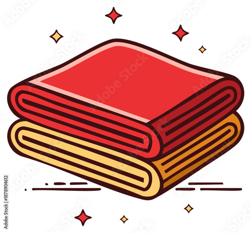 Freshly folded clean red and yellow linens with sparkling details icon
