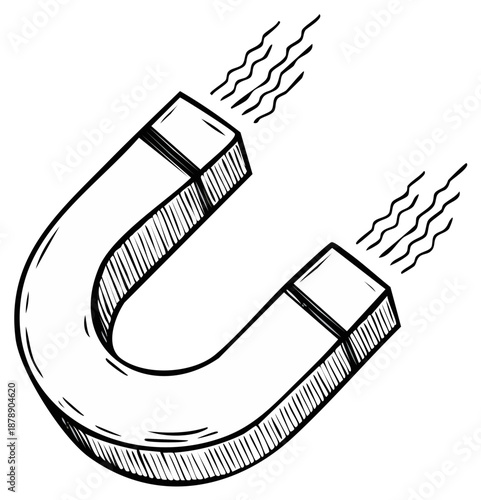 Hand Drawn Horseshoe Magnet Sketch with Magnetic Force Waves Scientific Illustration