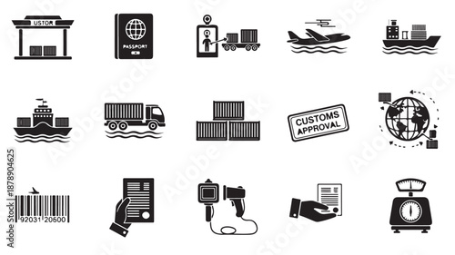 Logistics Icons Set with Shipping Containers, Trucks, and Global Delivery Symbols
