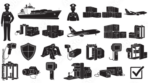 Airport Security Icons Set with Travel and Cargo Elements