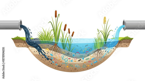 Illustration of a cross-section of wetlands with a river, tree, and various plants, showing the impact of pollution from pipes on the ecosystem, highlighting the importance of World