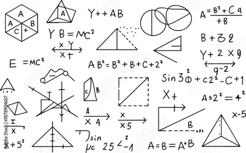 Hand drawn mathematical equations geometry shapes and formulas sketched on transparent background for education