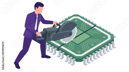 Businessman in suit cutting a microchip with a circular saw, technology disruption