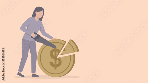 Woman cutting a dollar coin with a saw, concept of financial budget reduction