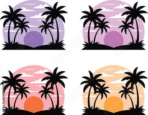 Sunset tropical island landscape set with palm trees and sun in different pastel colors for summer vacation travel poster theme
