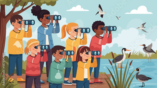 Illustration of diverse group of people using binoculars to observe birds and wetlands on World Wetlands Day near a serene river landscape with trees and a clear blue sky.