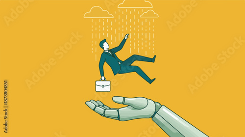 Robotic Hand Offers Support to Falling Businessman Amidst Crisis