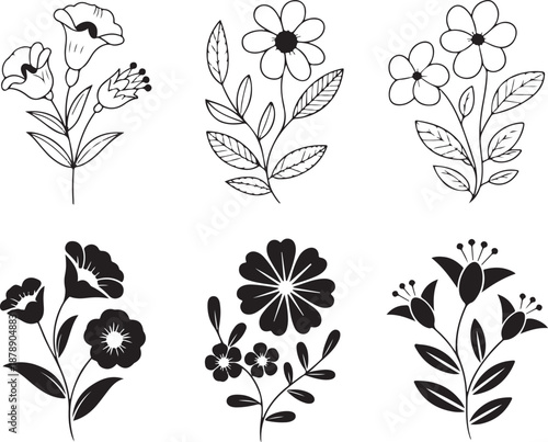 Minimalist flower collection featuring delicate line art and solid black silhouettes of blossoms and leaves for nature decoration
