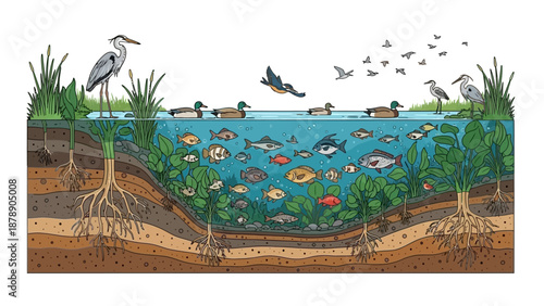 Illustration of a vibrant river ecosystem on World Wetlands Day, featuring a bird, people, tree, and diverse aquatic life in a detailed cross-section view of wetlands.