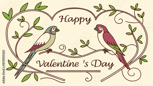Happy Valentine's Day illustration with colorful birds on heart shaped branch