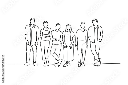 continuous one line art of diverse group of standing people, vector illustration.